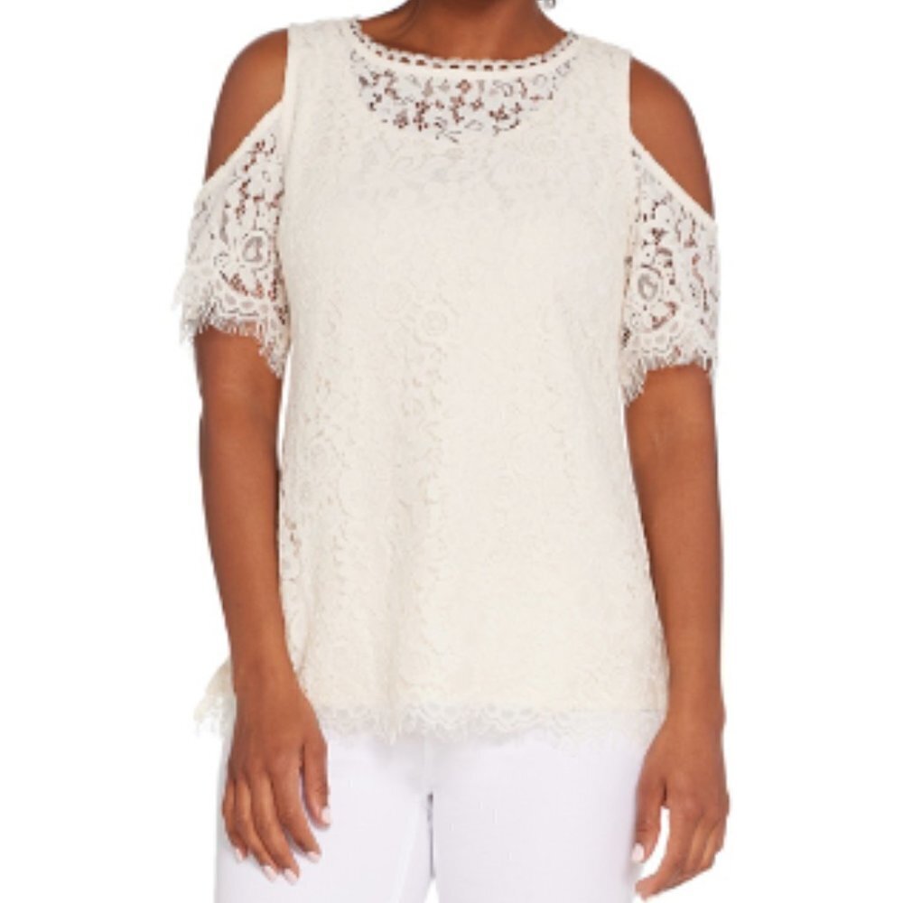 Isaac Mizrahi Live! Cream Short Sleeve Cold Shoulder Floral Lace Lined Top M